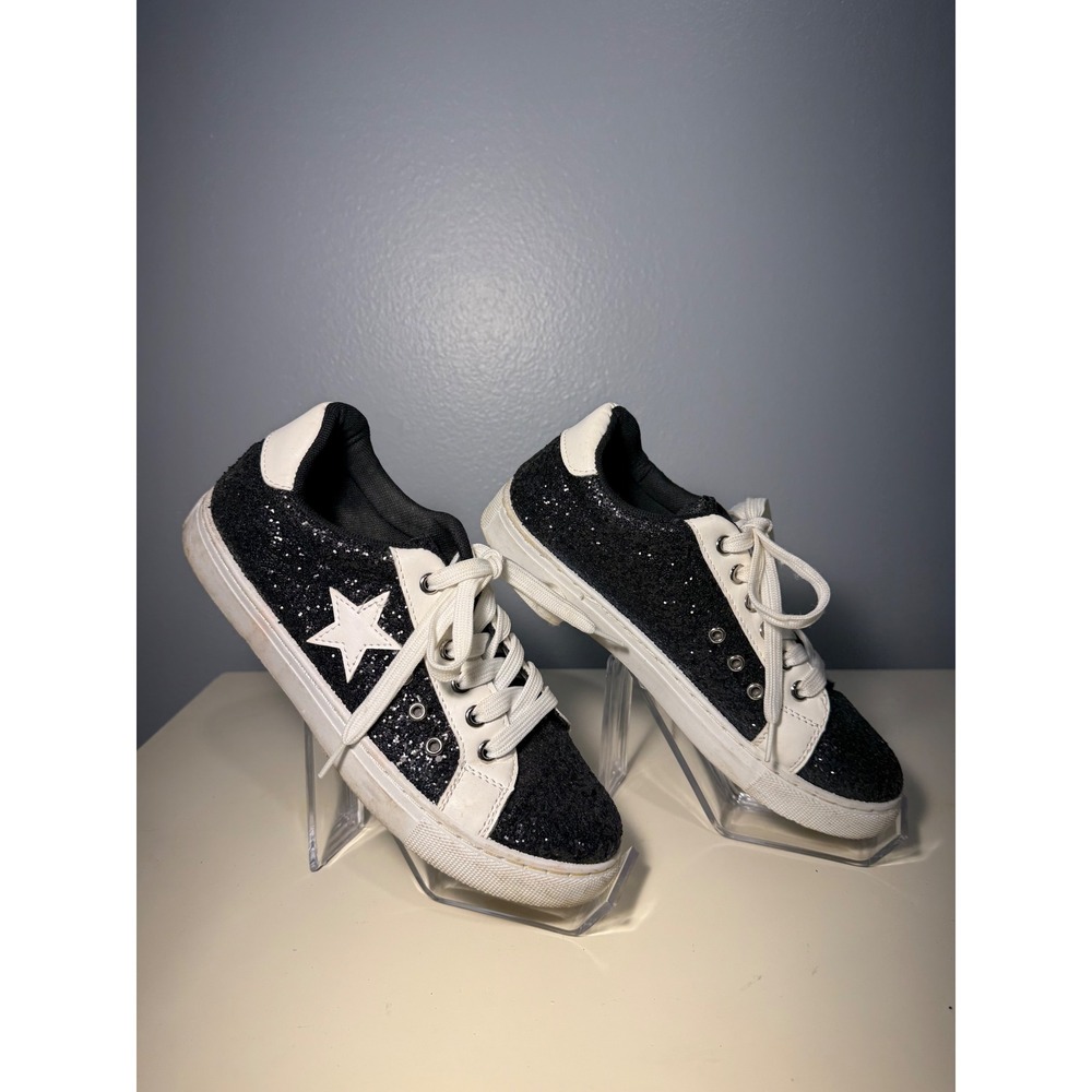 Outwoods Womens Black Glitter Star Sneakers Lace Up Size 8